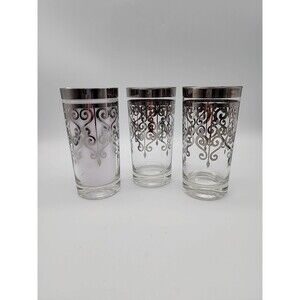 Vintage MCM Highball Glasses Silver Scrolled Rim Mid Century Set of 3